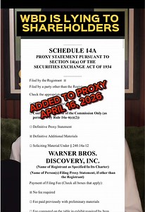 4/20 Nice try, WBD. You can’t out-riddle the Riddler. If shareholders had all the information they needed, why did 14 more pages show up seven days before the vote? Ask yourself what’s in them, then ask yourself why it took a lawsuit to pry them loose. #BlockTheMerger #WBD #Stocks #Media