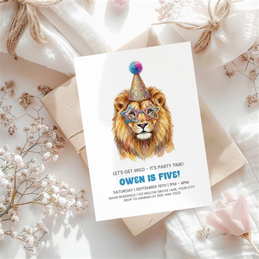 Lion Birthday Party Invitation Template, Party Hat Star Glasses Editable Corjl Digital Invite, Wild Animal Celebration Instant Download - Etsy