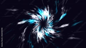 Seamless spin twirling shiny flame nucleus sun fire background loop. Looped rotated shining soul sol flames design. White blue colors.