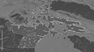 Nunavut, territory with its capital, zoomed and extruded on the bilevel map of Canada in the conformal Stereographic projection. Animation 3D