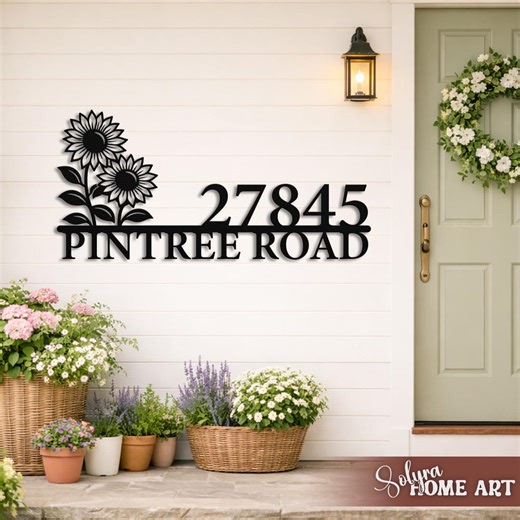 Sunflower Address Sign Metal Wall Art, Custom House Number Plaque, Outdoor Decor - Etsy