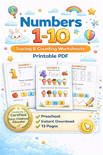 Numbers 1-10 Tracing Worksheets Printable PDF, Preschool Counting Activities, Kindergarten Math Practice, Instant Download - Etsy