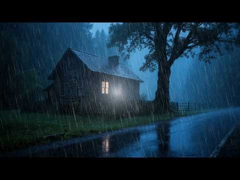 Heavy Rain Sounds for Insomnia Sleep | Cozy Forest Cabin Night with Soft Fog and Warm Lights