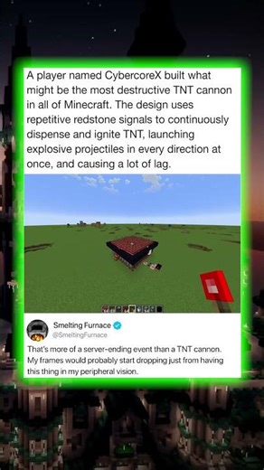 A player named Cybercorex built what might be the most destructive TNT cannon in all of Minecraft
