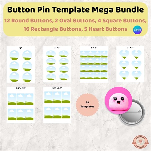 Button Pin Template Mega Bundle, Editable Canva Badge Designs, 5 Shapes and 39 Sizes, Sublimation DIY Pinback Buttons, A4 & US Letter Sheets - Etsy