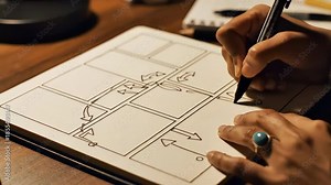 Creative hands drawing a visual storyboard or workflow on blank comic panels in a notebook.