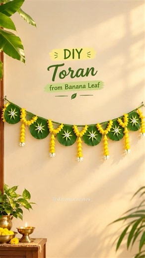Day-5 of giving toran ideas🤩from fresh flowers🌼and leaves🍃here is the 3rd banana leaf toran idea