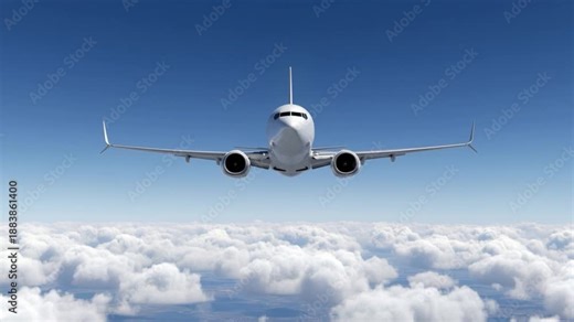 Boeing 737 MAX Commercial Airplane Flying Above Clouds Front View Facing Camera. Modern Passenger Jet Aircraft In Flight Against Blue Sky. High Altitude Aviation Journey Background.