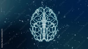 Artificial intelligence (AI) brain animation, big data flow analysis, deep learning modern technologies concepts. Robotic system. Intellectual programming of future human. Super fast digital network.