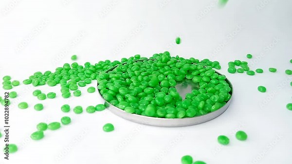 Green masterbatch granules falling like rain water from above filling the aluminum cup container, isolated on white background, for plastic industry product profile video