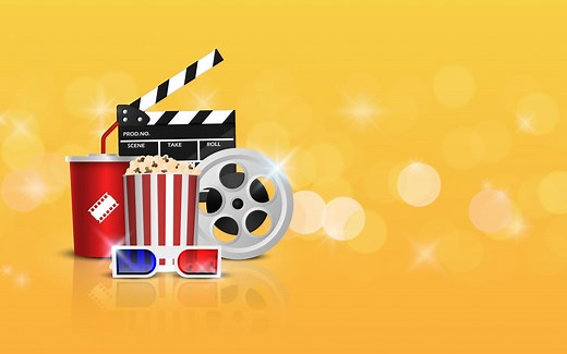 Download Movie film banner design template, Cinema background concept, Cinema concept with popcorn, filmstrip and film clapper on yellow background, vector illustration for free