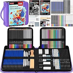 106 Pack Art Supplies Sketching Kit with 3-Color Sketchbook, Coloring Book, Tutorial, Graphite Colored Charcoal Watercolor & Metallic Pencils, Drawing Supplies Gift Case for Artists Beginners Adults