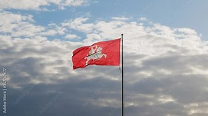 Vidéo Stock The historical state flag of Lithuania. The coat of arms of Lithuania, consisting of an armor-clad knight on horseback holding a sword and shield, is also known as Vytis. Blue sky background.