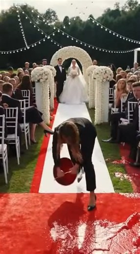 She didn’t walk down the aisle. She charged down it. White dress. Red carpet. Cameras everywhere. Then the ex-wife screamed, loud enough for the whole venue to freeze: “THIS is the woman you married? You really traded ME for that?” Gasps. Phones up. The groom went pale. Before anyone could stop her, the ex-wife flung a bucket of thick red paint straight at the bride. Paint splashed. Guests shrieked. Someone yelled, “Oh my God!” The ex-wife laughed, shaking, unhinged. “Now everyone can see who sh