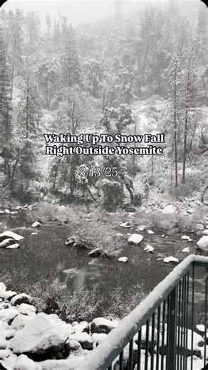 Waking up to snow covering the Wild and Scenic Merced River is something everyone should experience ❄️🌨️ *With the snow comes slicker roads, be sure to keep up with road conditions and chain requirements to ensure a safe arrival* | Yosemite View Lodge