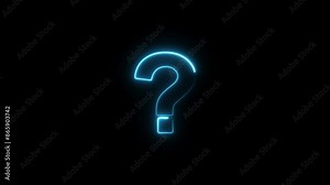 Neon question mark glowing against a dark background. Glowing neon question mark on alpha channel background. Neon Light Question Mark. Neon Glowing Question Mark Animation With Reflection.
