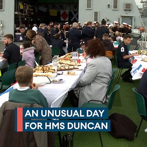 Party time🥳 Ross Kemp and Dame Kelly Holmes joined crew members on board HMS Duncan for a street party ahead of VE Day 80 celebrations. Schoolchildren and cadets were also on board the Royal Navy Type 45 Destroyer as she was alongside in Portsmouth. Read more👉https://brnw.ch/21wRNfR | Forces News