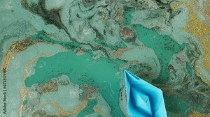 Bath bomb in water close-up. Swimming paper boat. Soap ball dissolving, foam bubbles and golden and black glitter powder. Decorative cosmetic products for bathroom concept. Beauty and spa concept.