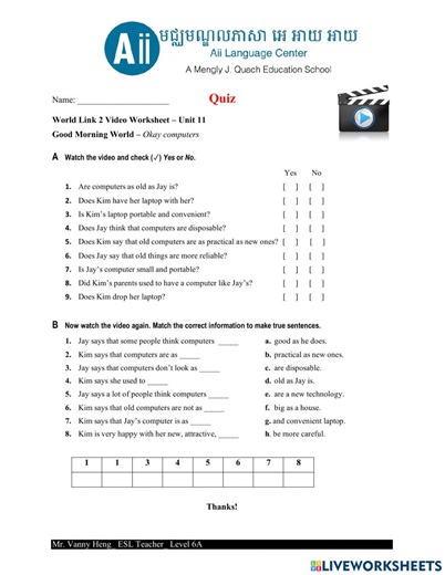 WL2 3rd Edition-Video Worksheet-Unit11A worksheet