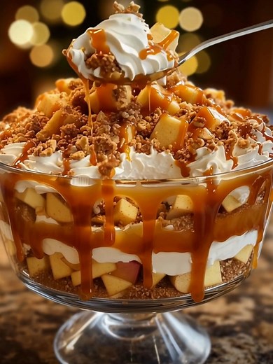 77K views · 627 reactions | Caramel Apple Trifle Layers of crisp apples, whipped cream, buttery crumbs, and rich caramel sauce — a fall dessert masterpiece in a bowl. Yield: 10–12 servings Temp: Chill, no bake Time: 25 minutes (plus chilling) Key Ingredients First: 4 medium apples (Honeycrisp or Fuji), diced ................................. Full Recipe in First Cօʍʍеոτ  | Slice of Heaven | Facebook