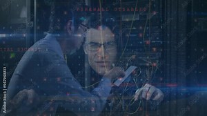 Cybercrime and malware detected animation over people working with network cables