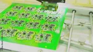 Modern hi-tech production. Electronic circuit boards production and installation of SMD components. Special equipment diagnose and test chips and processors. Manufacture of electronic chips. Close-up