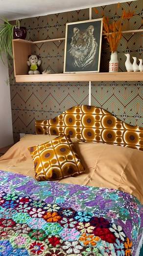 Ahhh our gorgeous caravan bedroom all groovied up thanks to @lust.home 😍 I made the curtain, headboard and cushion from vintage fabric, and my fiance and stepdad made the cupboard unit into a shelf! 🌈☮️ #lusthome #caravan #caravandecor #60sdecor #70sdecor #70shome #repurposing #HomeRenovations