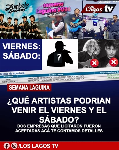 📄 En el marco de la licitación “Servicios de Contratación de Producción Musical y Artística” del programa “Conecta Verano en la Comuna de Los Lagos 2026”, fueron dos las propuestas que cumplieron con los requisitos administrativos y técnicos, siendo ambas declaradas aceptadas en dicha fase. 🎼 La primera corresponde por un monto de $3.781.512, cuya propuesta detalla una Tarde Familiar y Noche de Romance con Francisco Vergara, Grupo Signos y Grupo Arremacho; además de una Tarde Musical con el Dú