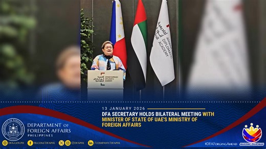 Secretary of Foreign Affairs Ma. Theresa P. Lazaro met today with the Minister of State at the Ministry of Foreign Affairs (MOFA) of the United Arab Emirates (UAE) H.E. Saeed Bin Mubarak Al-Hajeri, a day before the opening of the Abu Dhabi Sustainability Week (ADSW) 2026 Summit. Read full story 👉🏻 https://dfa.gov.ph/dfa-news/dfa-releasesupdate/37644-dfa-secretary-holds-bilateral-meeting-with-minister-of-state-of-uae-s-ministry-of-foreign-affairs #DFAForgingAhead | Department of Foreign Affairs