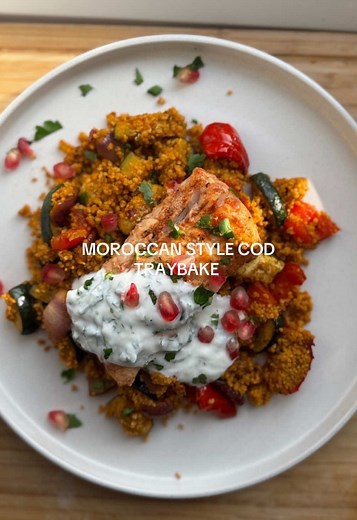 Healthy Moroccan Cod Traybake with Herby Yogurt