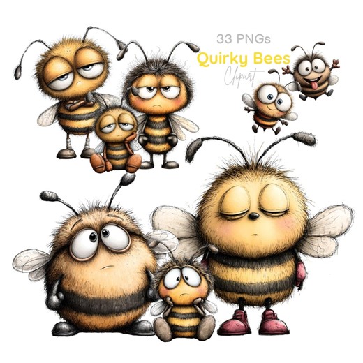 Quirky Bee Clipart Bundle | Whimsical Bumblebee Illustrations (33 Pngs Digital Downloads) - Etsy