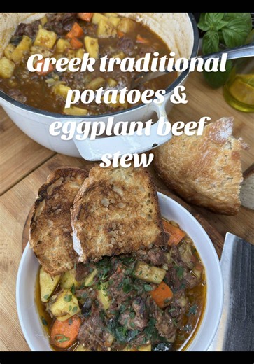Greek Traditional Beef, Potatoes & Eggplant Stew (Moscharaki me Patates & Melitzanes)