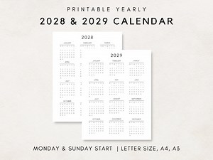 2028-2029 Yearly Calendar, Printable Calendar, 2028-2029 Calendar, Digital Calendar, Yearly Wall Calendar, Year at a Glance, Annual Calendar - Etsy