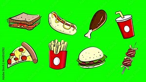 Various animated foods in cartoon style with green background, 2d animation, savory.