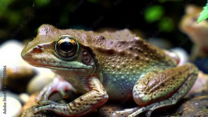 A small, brown tree frog with large, golden eyes sits on a mossy rock, its textured skin blending with the natural forest floor, highlighting amphibian life