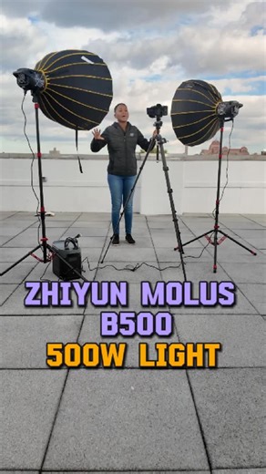 Christine on Instagram: "This is my dual-light rooftop setup using the Zhiyun Molus B500 — a 500W powerhouse that’s compact, portable, and daylight-capable. 💪🏽 Both lights are running at 100%, each on a carbon fiber tripod, powered by the EcoFlow Delta — and yes, it can run both lights at full power without breaking a sweat ⚡️ The Easy Glow Softboxes diffuse the light perfectly for interviews or outdoor scenes, and paired with the Sony FX2 and a variable ND, I can expose for the background whi
