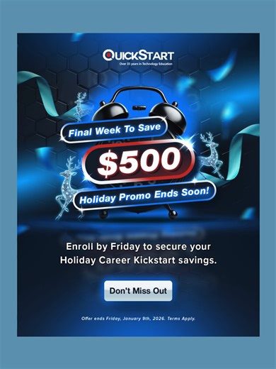 This is it, your final week to save $500 on QuickStart bootcamps! 🚨✨ Savings end Friday, January 9th, and your chance to start 2026 with career-focused tech training is almost gone. Whether you're exploring Cybersecurity, Data Analytics, or Software Engineering bootcamps, you can still lock in your discount before the deadline. Valid for cohorts starting on or before March 31, 2026. Don’t wait , your 2026 tech career goals start here! Enroll now: https://ow.ly/8ab850XSyle #techcareers #ITcareer