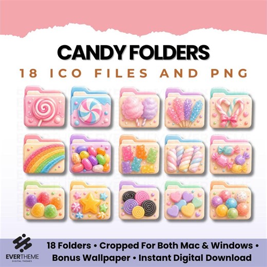 Candy Desktop Folder Icons | Cute Kawaii Folder Icons Pack | 18 Sweet Candy Icons | Mac & Windows PNG ICO | Cute Aesthetic Desktop Organizer - Etsy