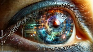 Eye with Computer generated Digital Display. Futuristic Cyborg Technology. Optical Artificial Intelligent in Human Eye. Future Coming. Science Knowledge Information in Every Eye. Personal Assistant.