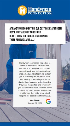 Your neighbors are talking and it’s all good things! From quick fixes to full makeovers, Handyman Connection Mountain View is proud to be the team locals rely on. Thank you for trusting us with your home. 💙 #HandymanConnectionMV #HomeRepairHeroes #CustomerLove #MountainViewCommunity #TestimonialTime #HandymanExperts #HomeCareDoneRight #HolidayHomePrep #FixItFastFixItRight #ReliableService | Handyman Connection of Mountain View