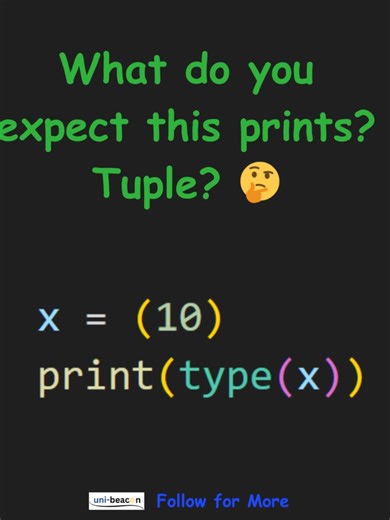 Python Beginner Mistake #24 For a single-element tuple, you must include a comma! Without it, Python treats it as the value itself! #python #learnpython #pythonbeginner #coding #programming #pythonmistakes #codingtips #100daysofcode #tuples #developerlife