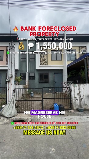 ₱5,000 lang may bahay ka na?! 😳🏠 Yes, possible sa foreclosed property na ‘to! 📍 Phirst Park Homes Tanza 🏡 2BR | 44sqm lot | 40sqm FA 💰 ₱1,550,000 only 💸 ₱5,000 earnest money Est. Monthly: ₱9k–₱10.5k Req. Income: ₱30k ⚡ NO BIDDING | AS IS WHERE IS 📩 Message now for FREE house tour! #BankForeclosed #PhirstParkHomes #TanzaCavite #HouseAndLotPH #RealEstatePH