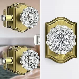 Glass Door Knobs, Privacy Vintage Brass Door Knobs, 3 Pack