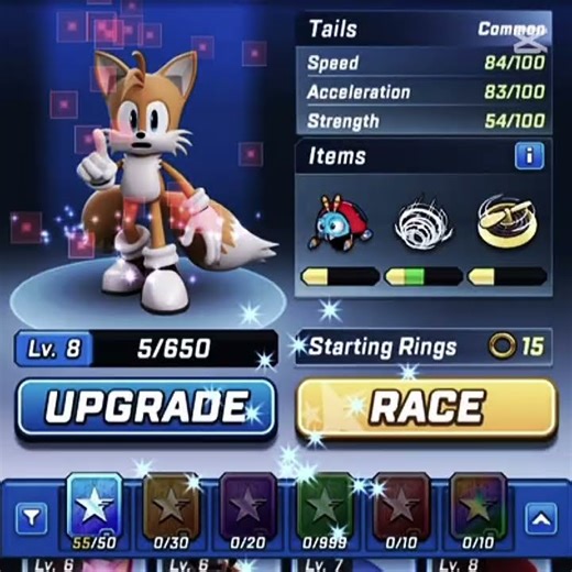 Upgrading Tails to lv 8 in sonic forces speed battle game