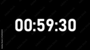 One hour Countdown timer. Digital countdown clock timer in one minute or 60 seconds to zero second. White text number on isolated black background. 4k animation. Stock Video
