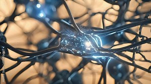 Neural network with glowing synapses. Close-up of neurons firing. Neural cells interconnected. Concept of brain activity, neuroscience, neural communication, and cognitive science. Motion