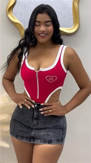 Denim mini skirt and red crop top #model #fashion #outfitideas