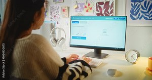 Girl enters text prompt in artificial intelligence software on computer. AI image generator creates detailed photo of cute dog and cat. Advanced AI generated image creation. Futuristic generative art.