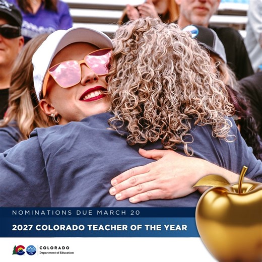 🍎 Know an exceptional educator? Help us celebrate them! Nominations are open for Colorado Teacher of the Year, and anyone can nominate— students, families, staff, and community members. Complete a short survey with basic information about the educator you’re nominating. Once submitted, they will receive an invitation to apply. Nominations due Friday, March 20 ➡️ https://bit.ly/4qNHD0t | Academy District 20