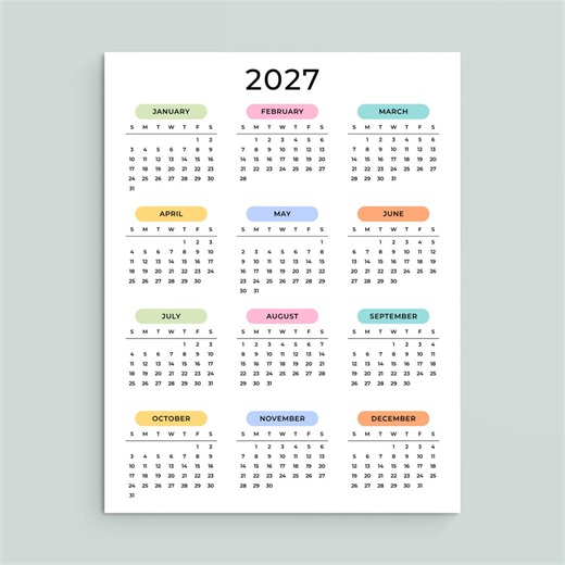 Calendario anual 2027. Calendario de pared imprimible 2027. Formato vertical A3/A4/Carta EE. UU. Agenda de escritorio a color 2027 (PDF). Comienza en domingo y lunes. - Etsy España